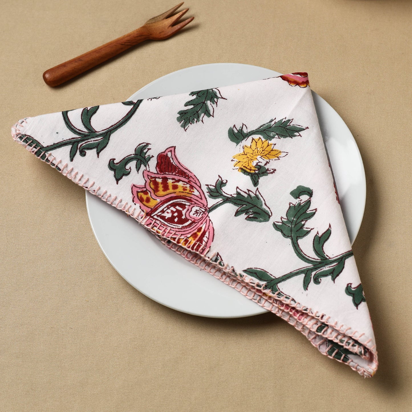 White Floral Block Print Hand Embroidery Table Napkin 03