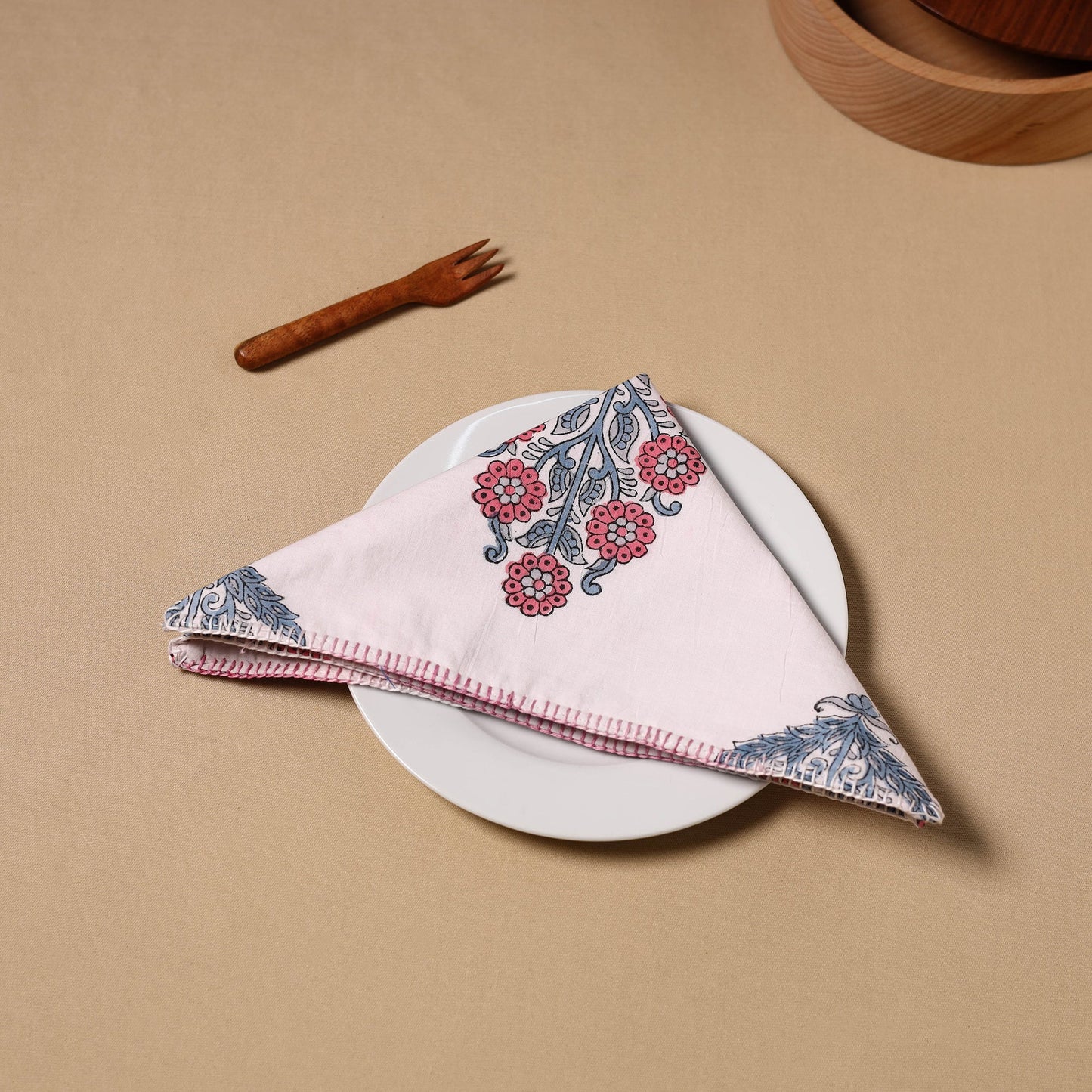  White Floral Sanganeri Block Print Cotton Table Napkin 