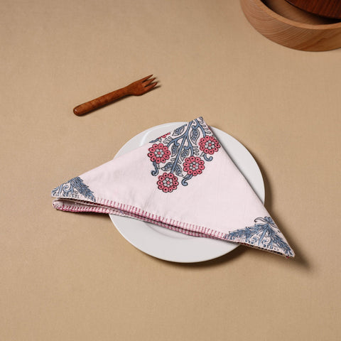 White Floral Sanganeri Block Print Cotton Table Napkin 