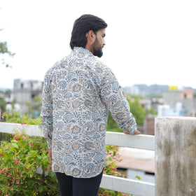 White Full Sleeve Block Print Cotton Men Sanganeri Shirt