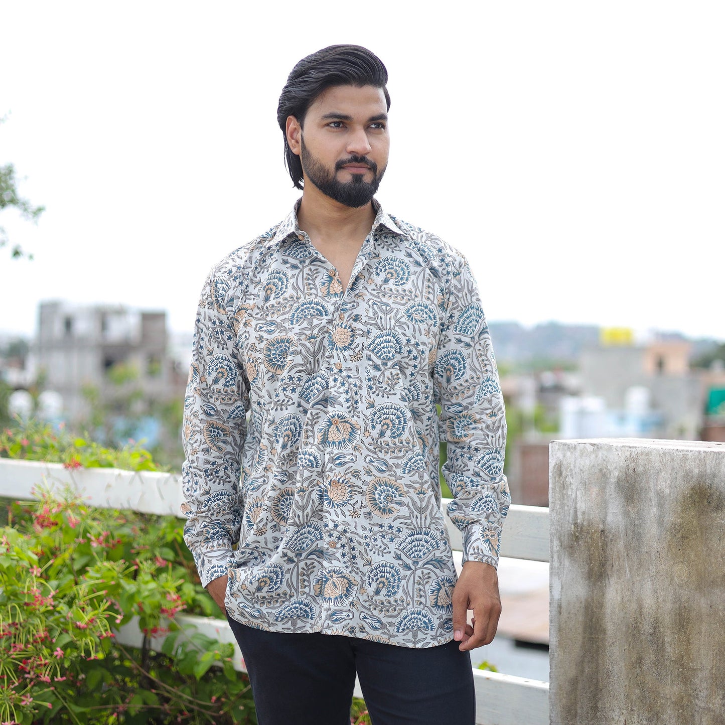 White Full Sleeve Block Print Cotton Men Sanganeri Shirt