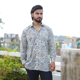 White Full Sleeve Block Print Cotton Men Sanganeri Shirt