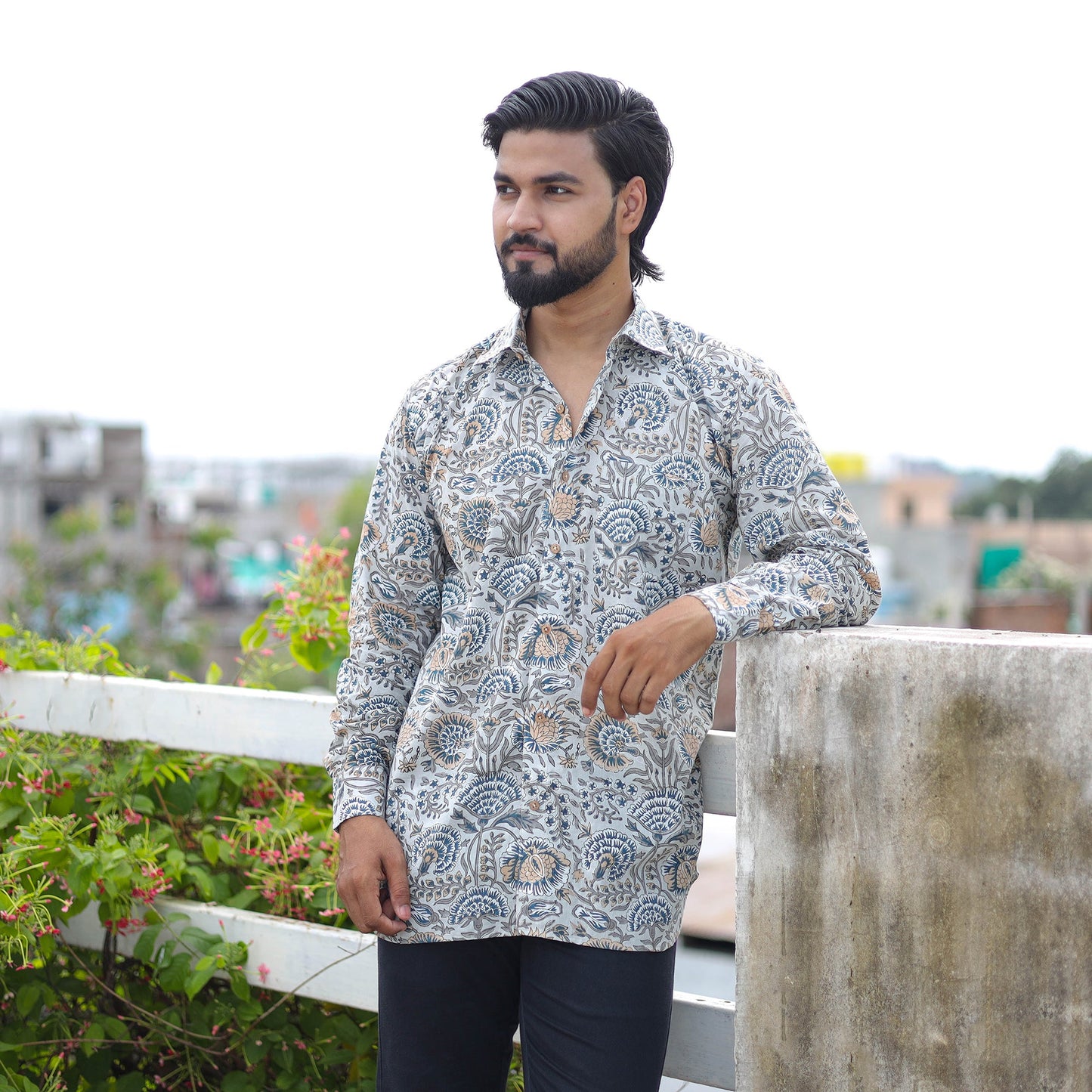 White Full Sleeve Block Print Cotton Men Sanganeri Shirt
