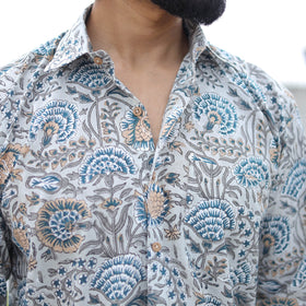 White Full Sleeve Block Print Cotton Men Sanganeri Shirt