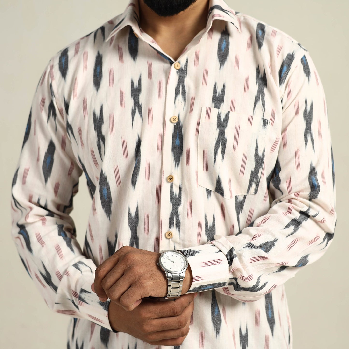 Buy White Full Sleeve Men Cotton Pochampally Ikat Shirt
