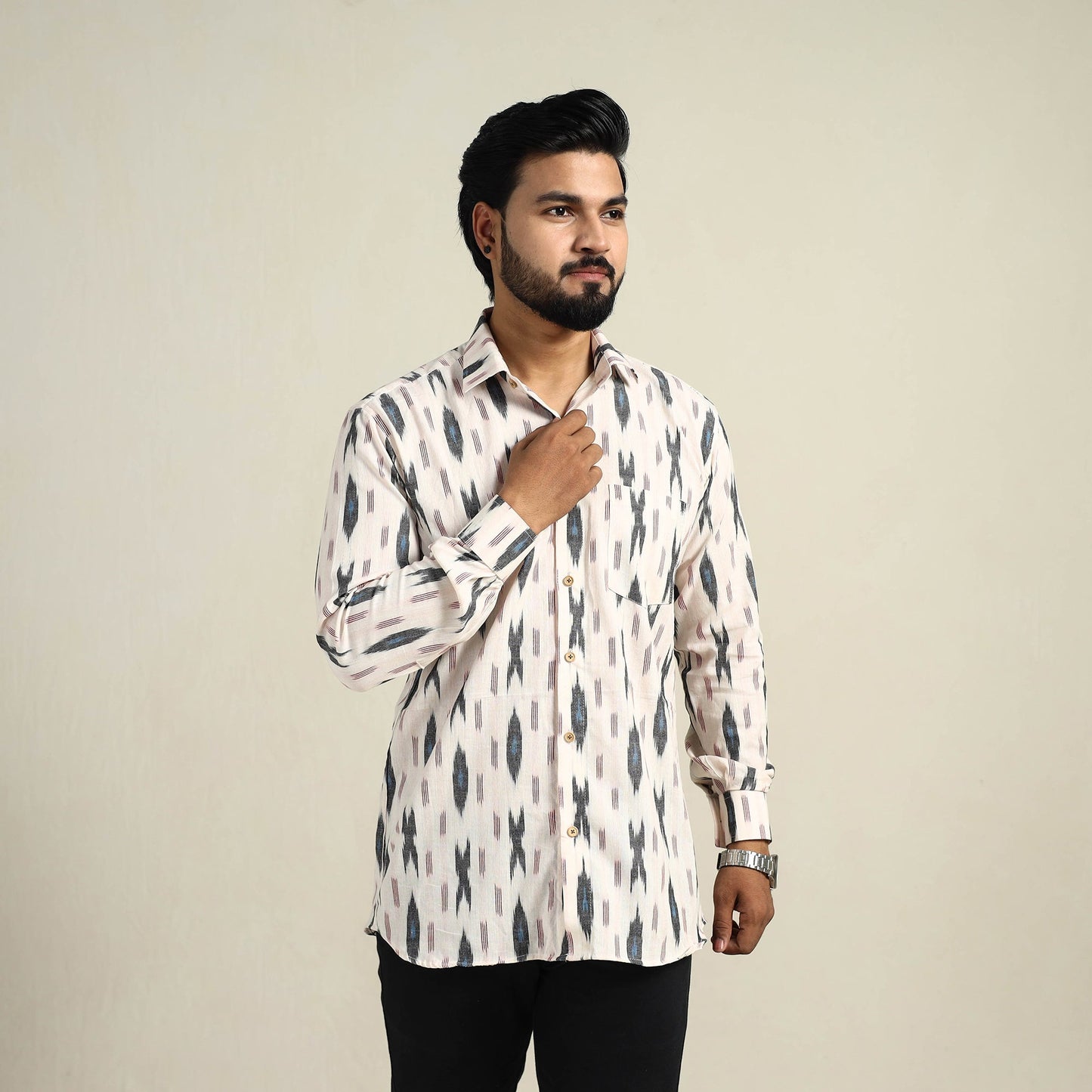 Buy White Full Sleeve Men Cotton Pochampally Ikat Shirt