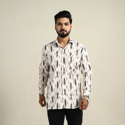 Buy White Full Sleeve Men Cotton Pochampally Ikat Shirt
