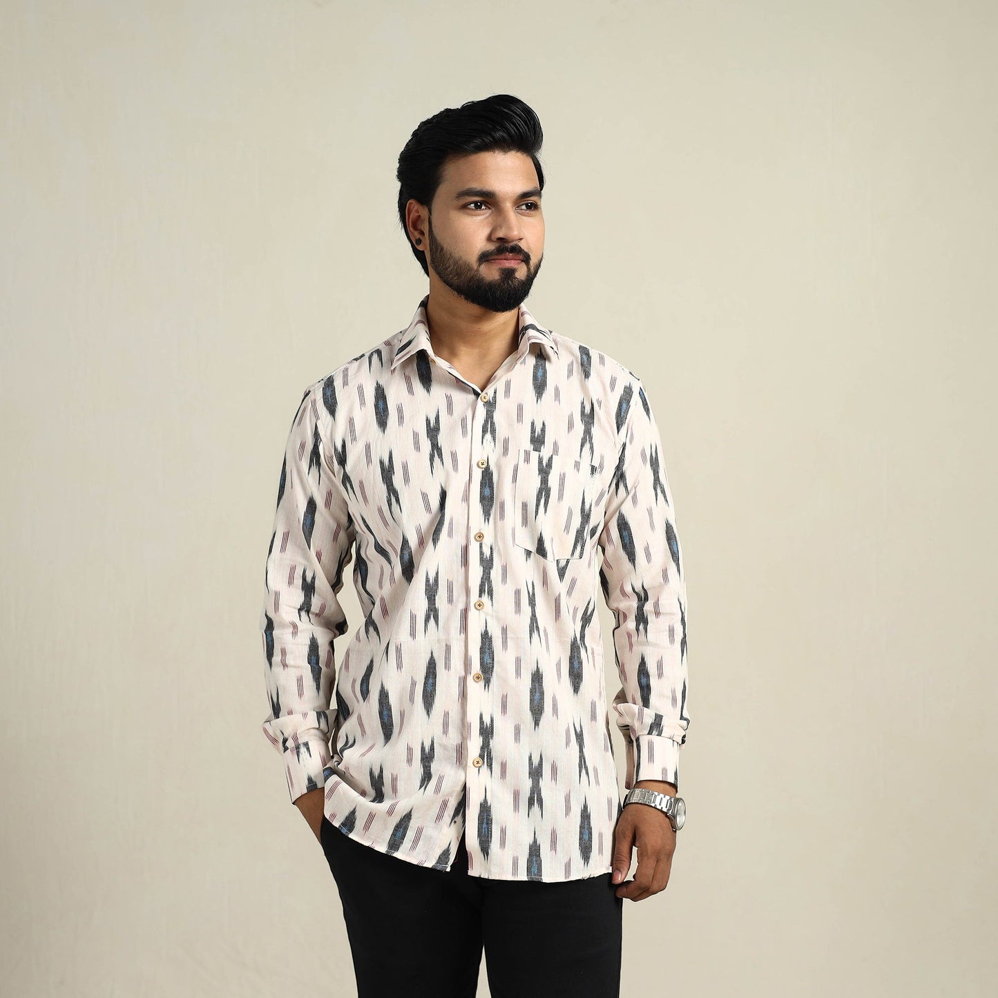 Buy White Full Sleeve Men Cotton Pochampally Ikat Shirt
