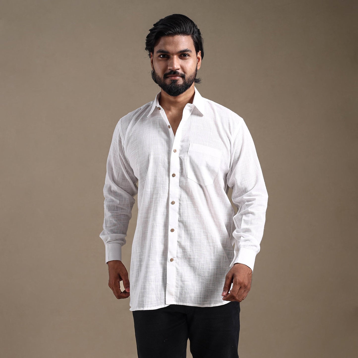 White Full Sleeve Slub Cotton Men Plain Shirt