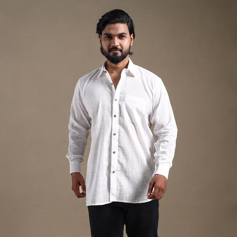 White Full Sleeve Slub Cotton Men Plain Shirt