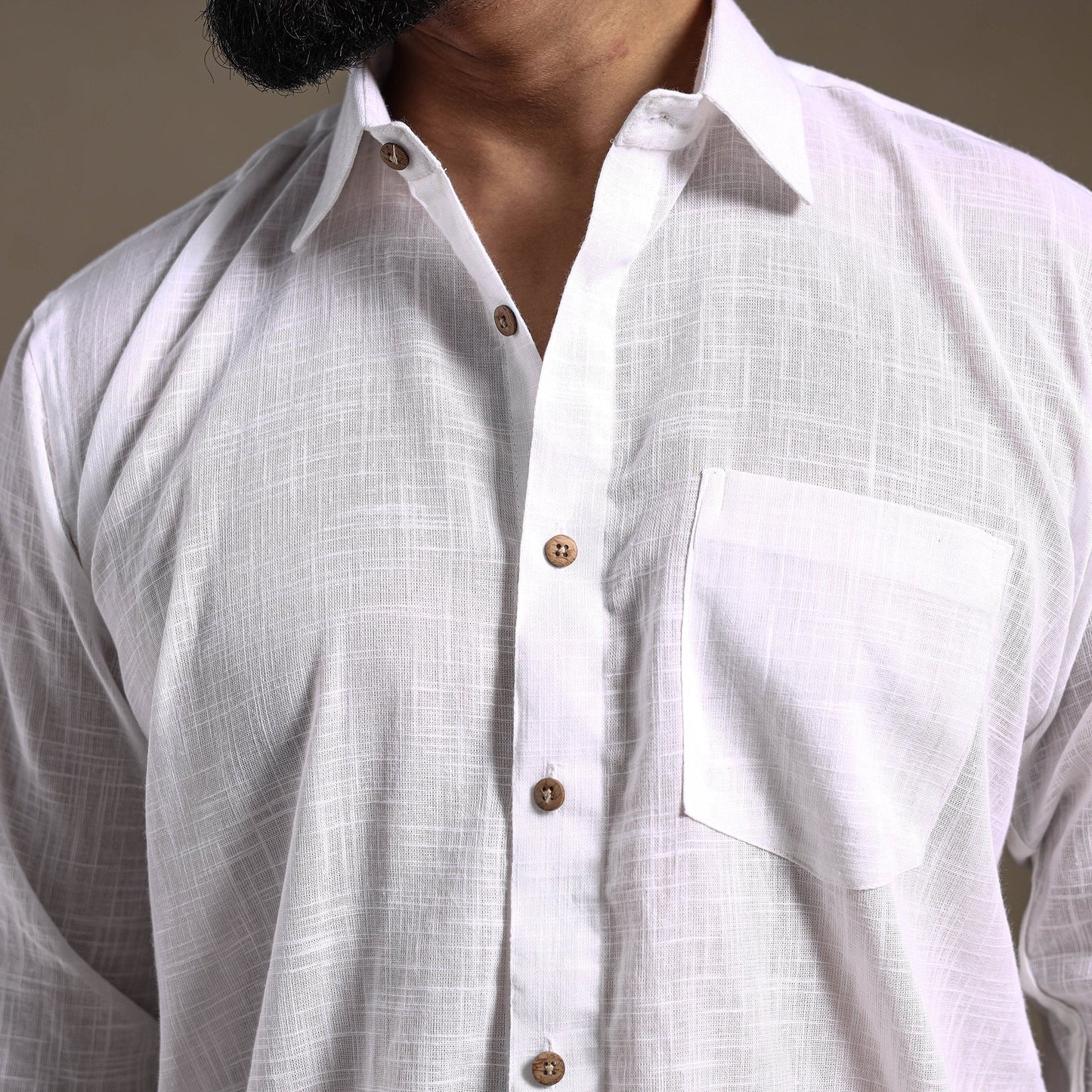 White Full Sleeve Slub Cotton Men Plain Shirt