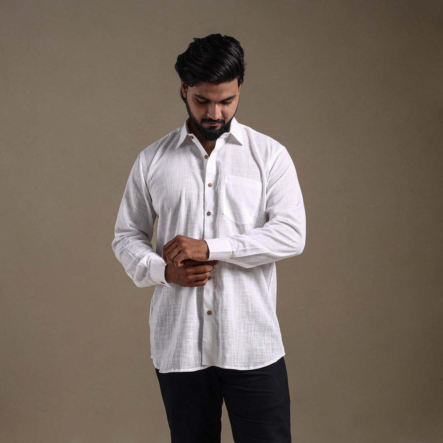 White Full Sleeve Slub Cotton Men Plain Shirt