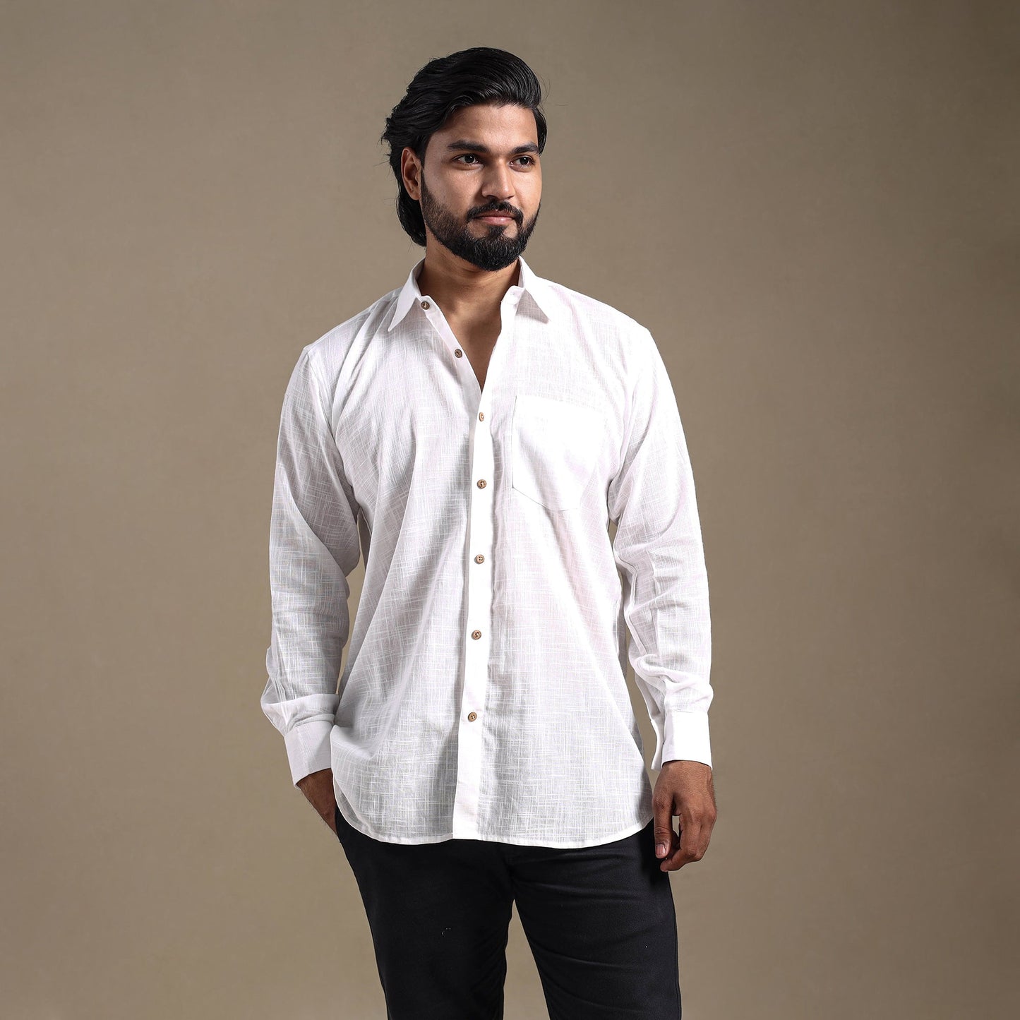 White Full Sleeve Slub Cotton Men Plain Shirt