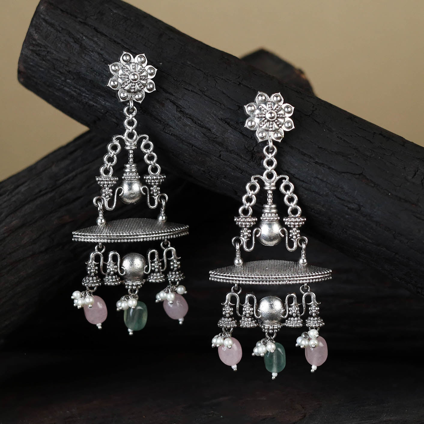 White German Silver-Plated Ethnic Drop Earrings