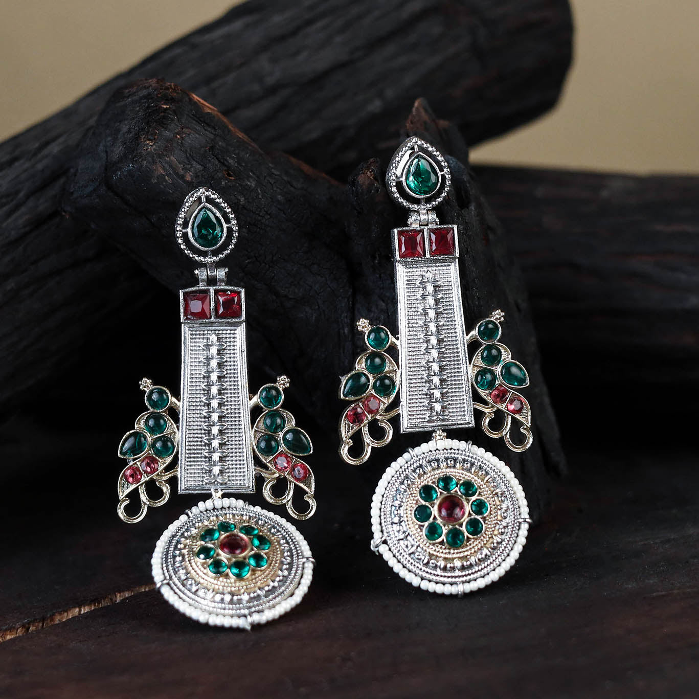 White German Silver-Plated Ethnic Drop Earrings