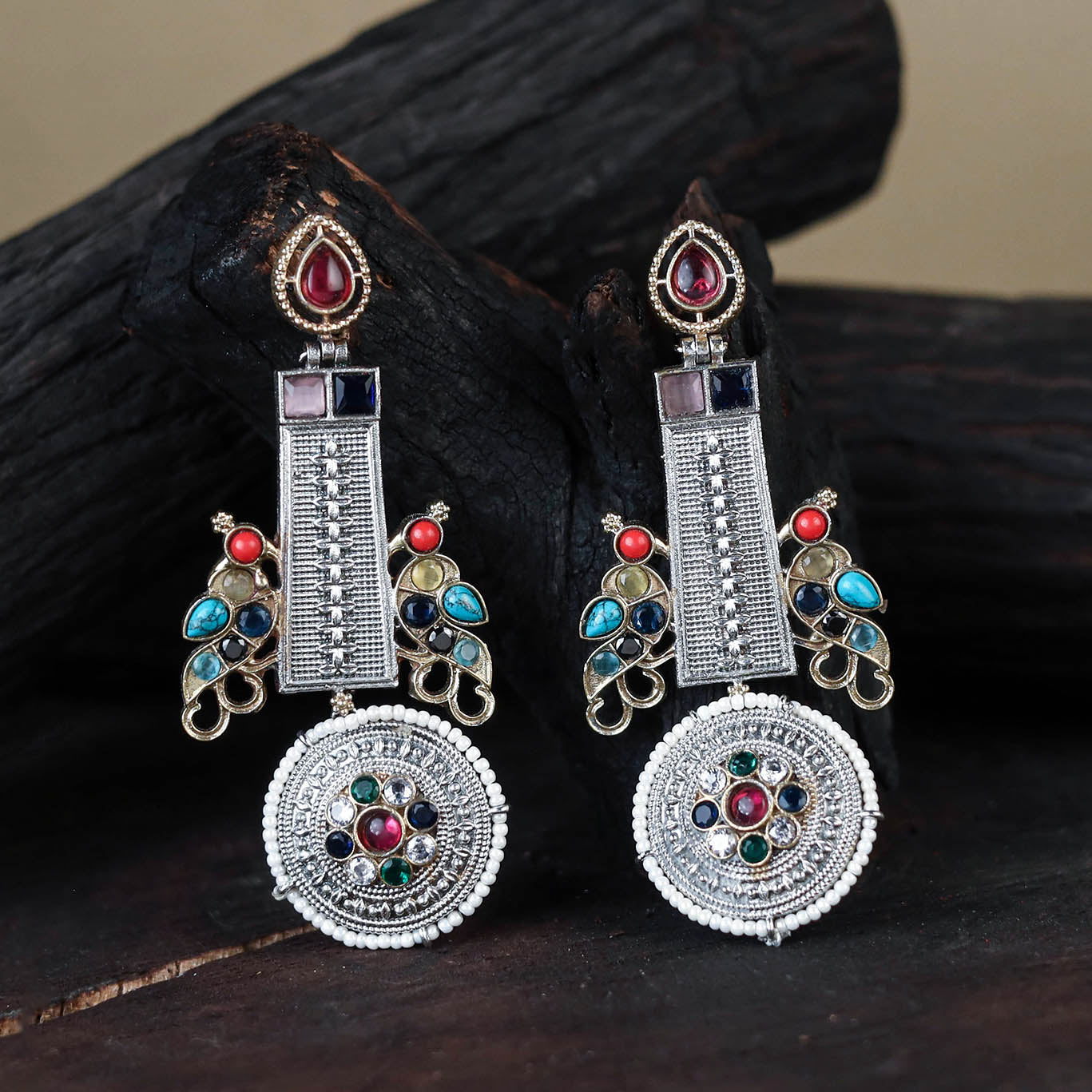 White German Silver-Plated Ethnic Drop Earrings