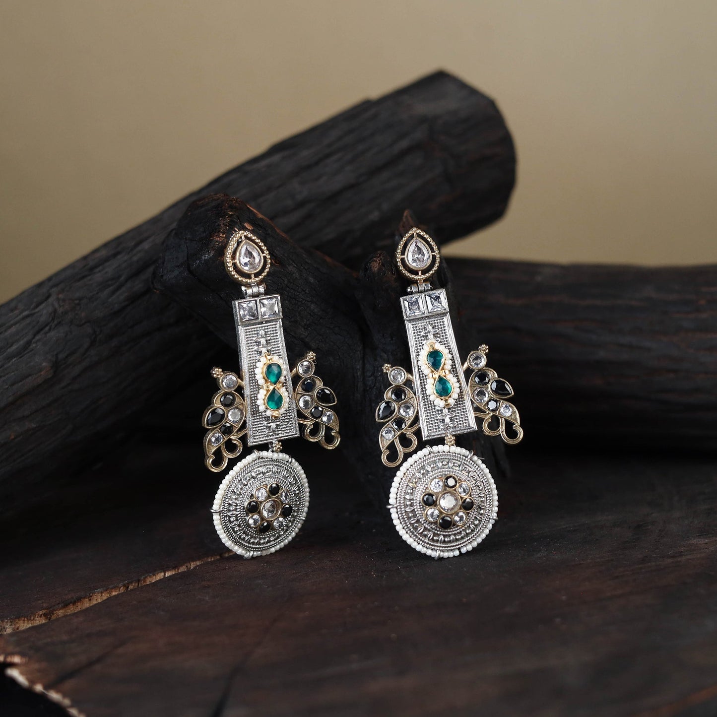 German Silver-Plated Ethnic Drop Earrings