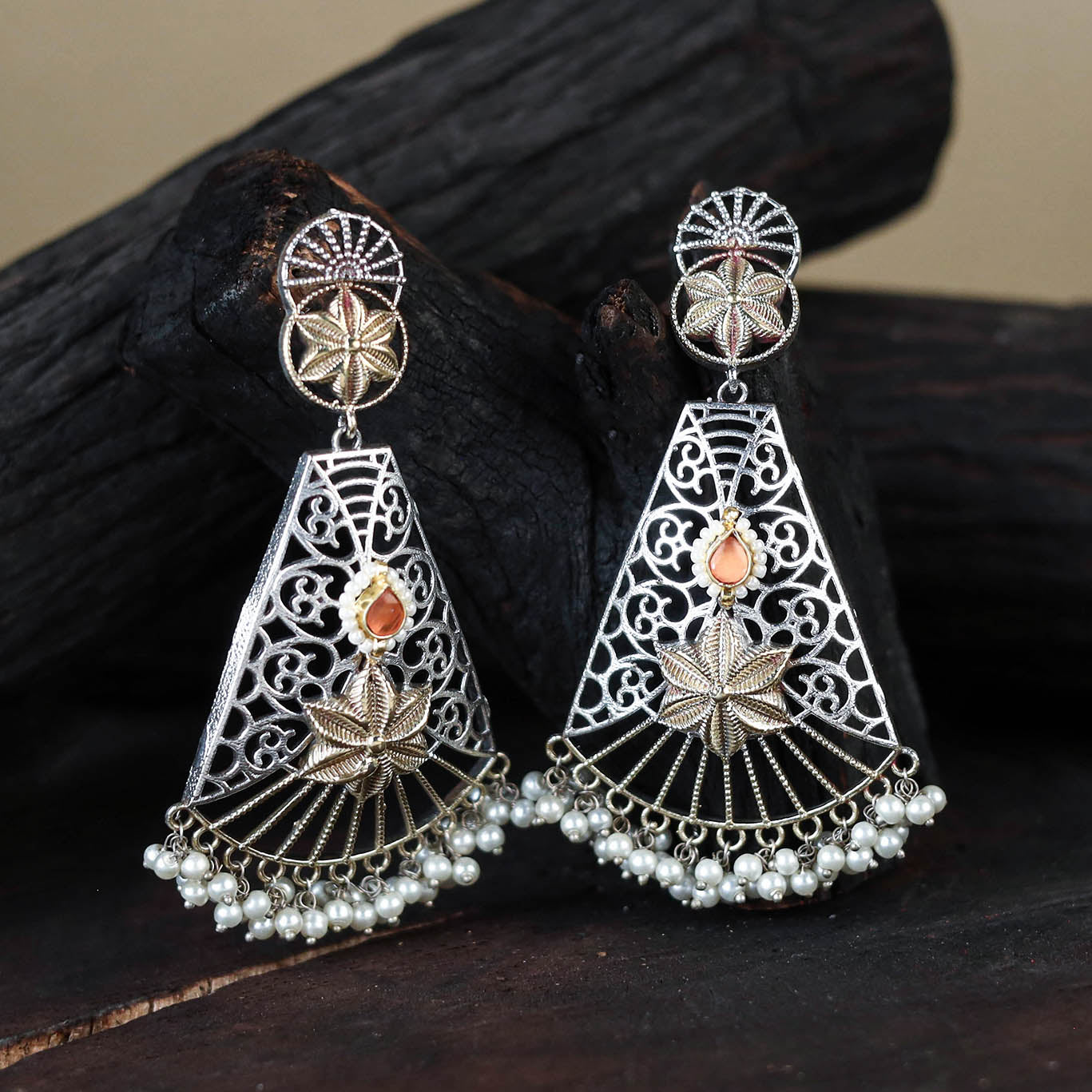 White German Silver-Plated Ethnic Drop Earrings