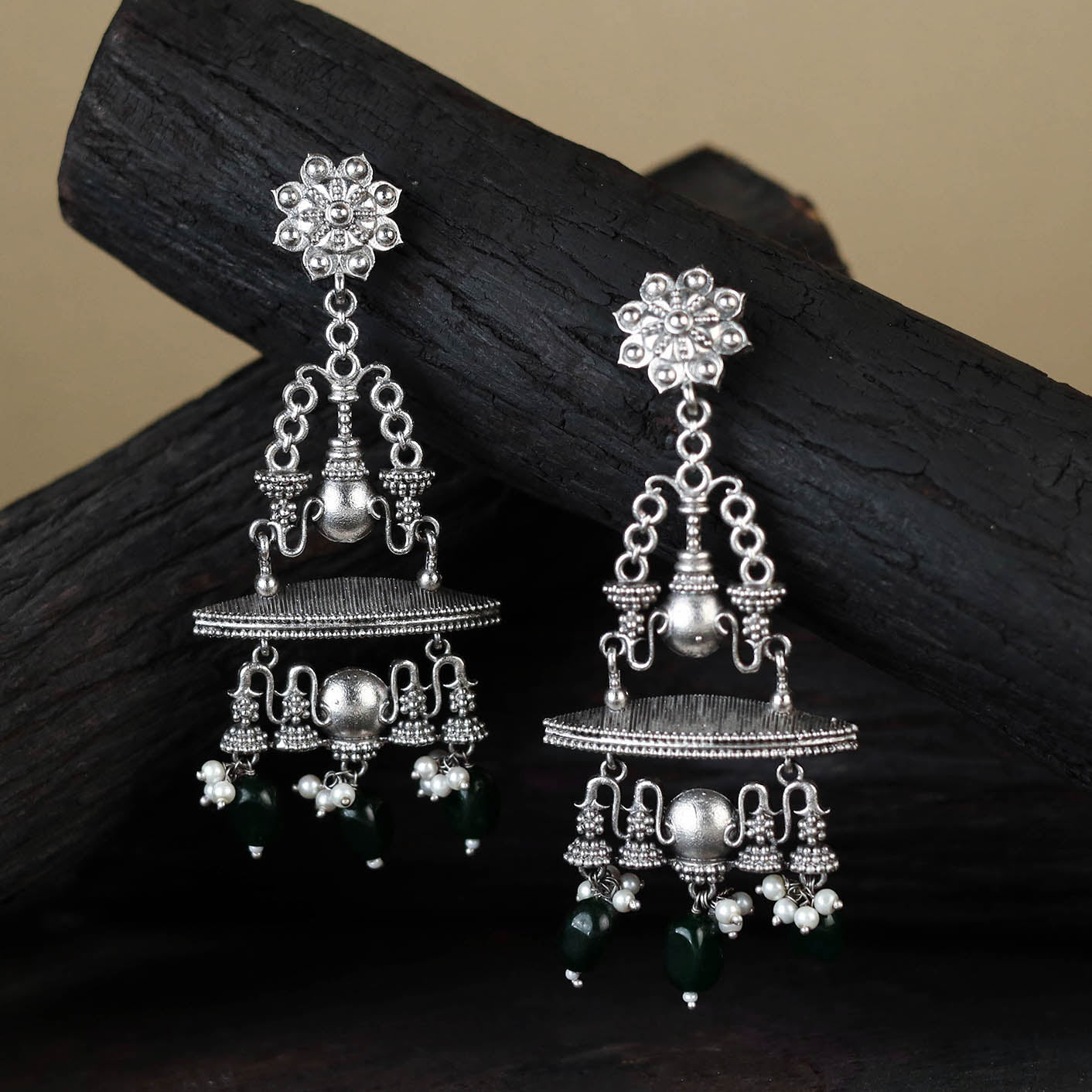 White German Silver-Plated Ethnic Drop Earrings