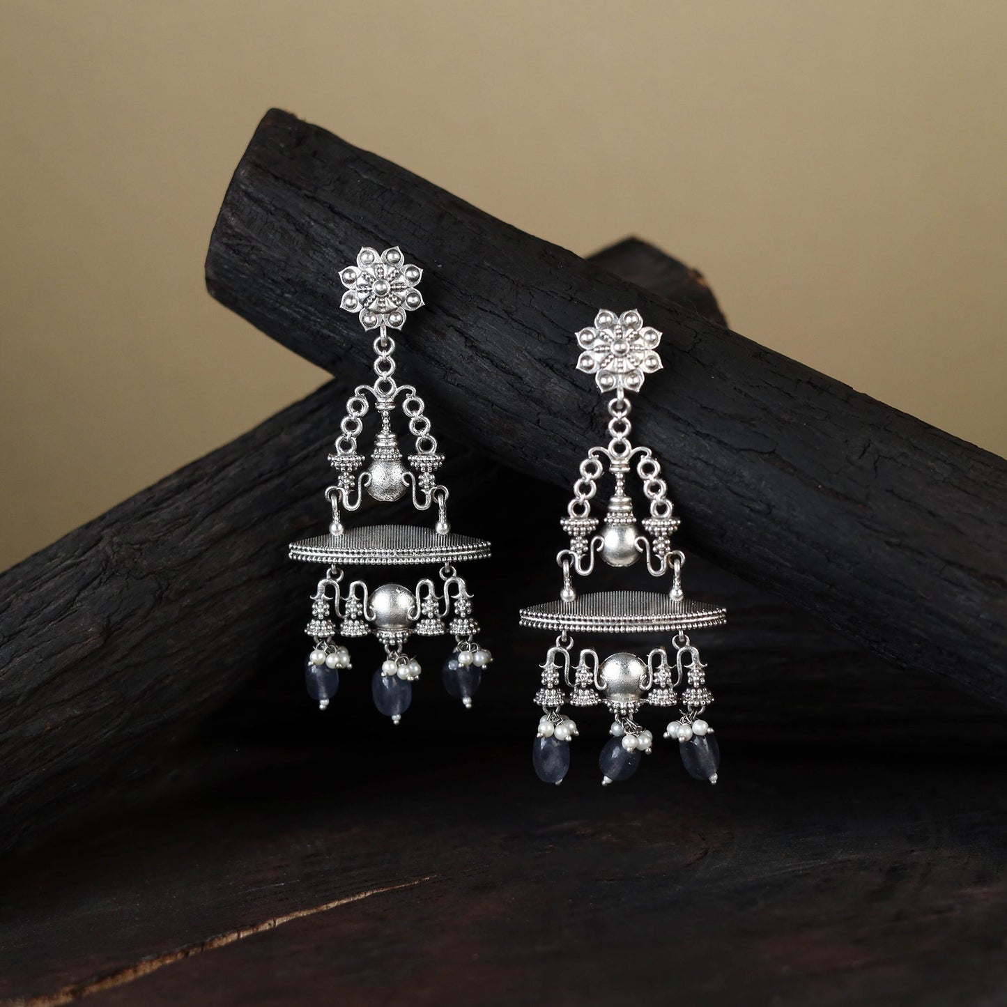 White German Silver-Plated Ethnic Drop Earrings
