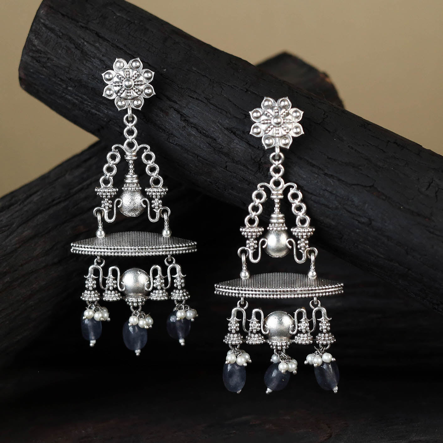 White German Silver-Plated Ethnic Drop Earrings