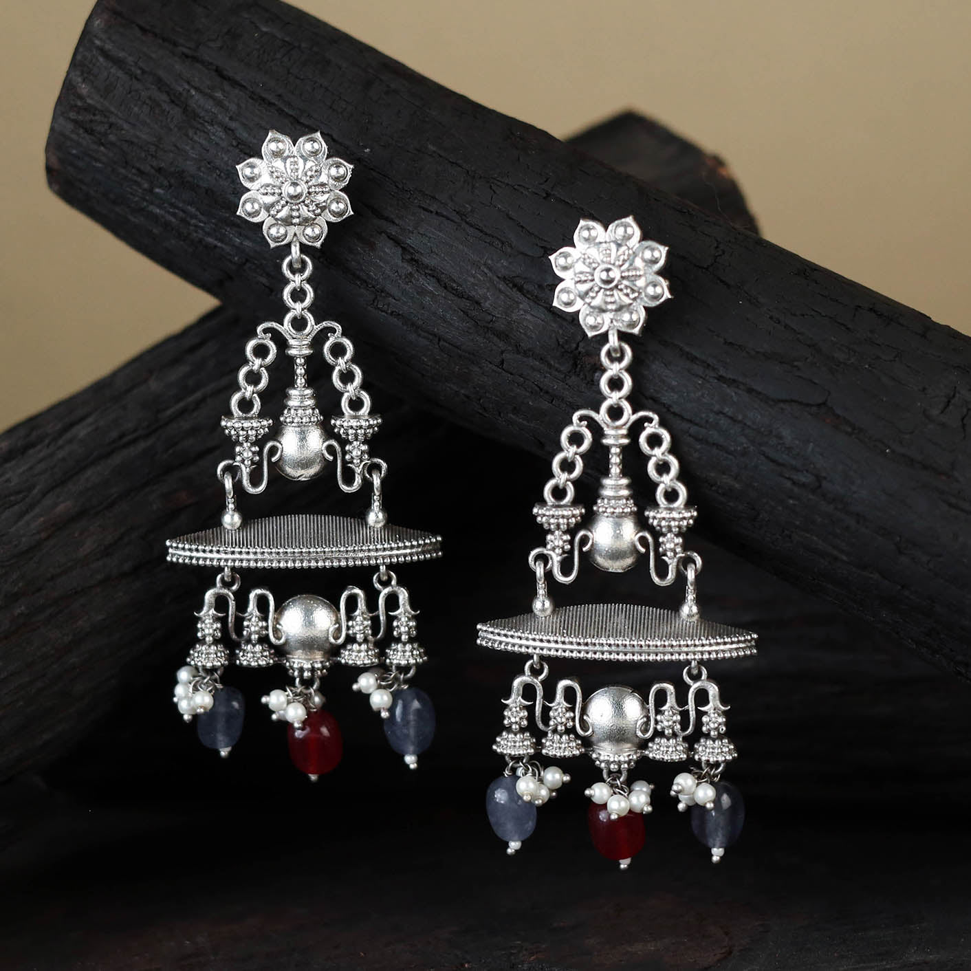 White German Silver-Plated Ethnic Drop Earrings
