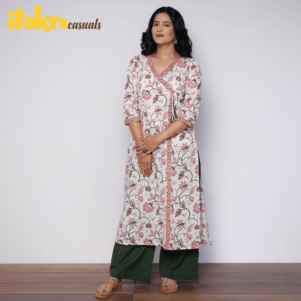  Sanganeri Hand Block Printed Cotton Long Kurta with Palazzo Set 