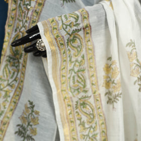 White Block Print Chanderi Silk Sanganeri Floral Dupatta