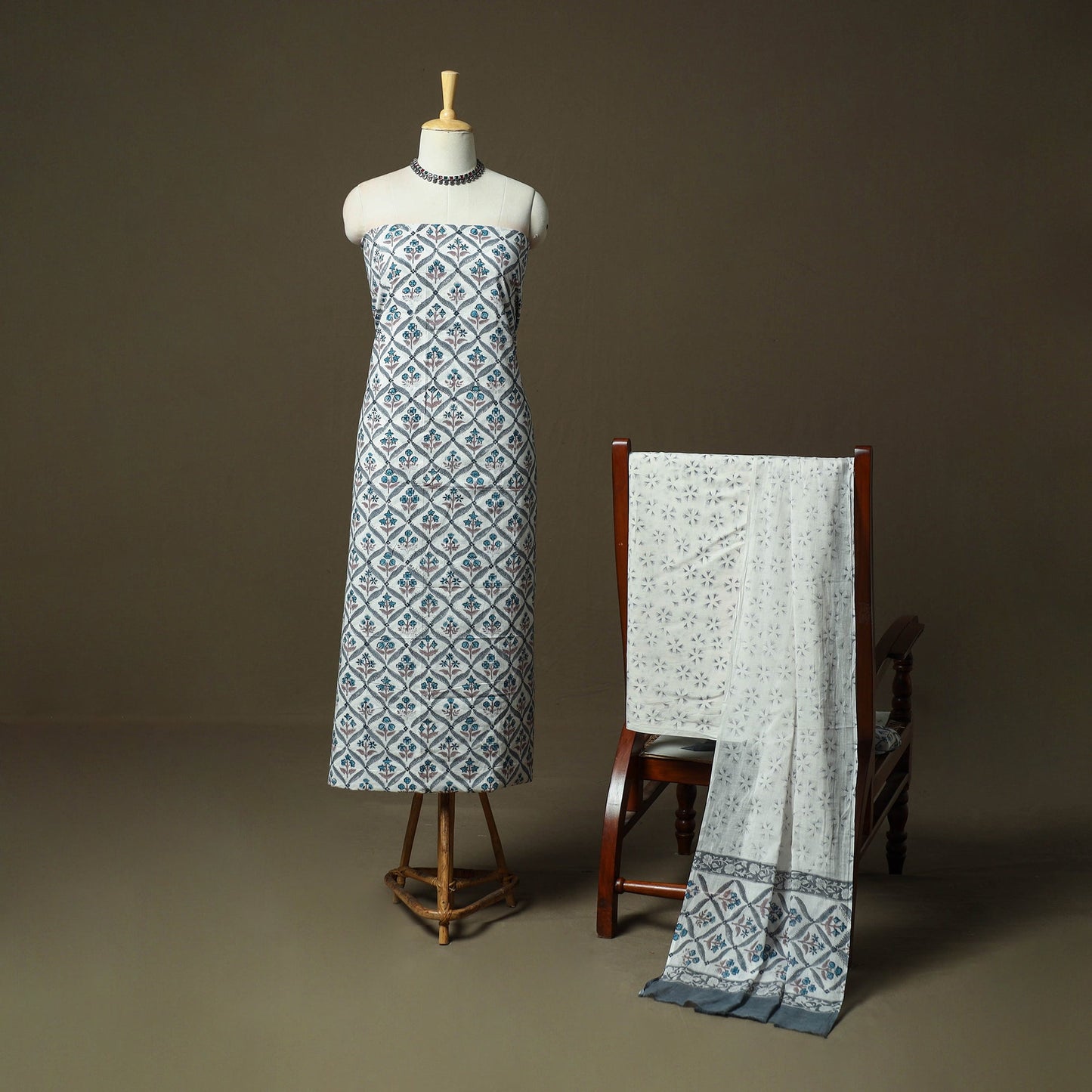 Hand block print cotton sanganeri 3pc unstitched dress