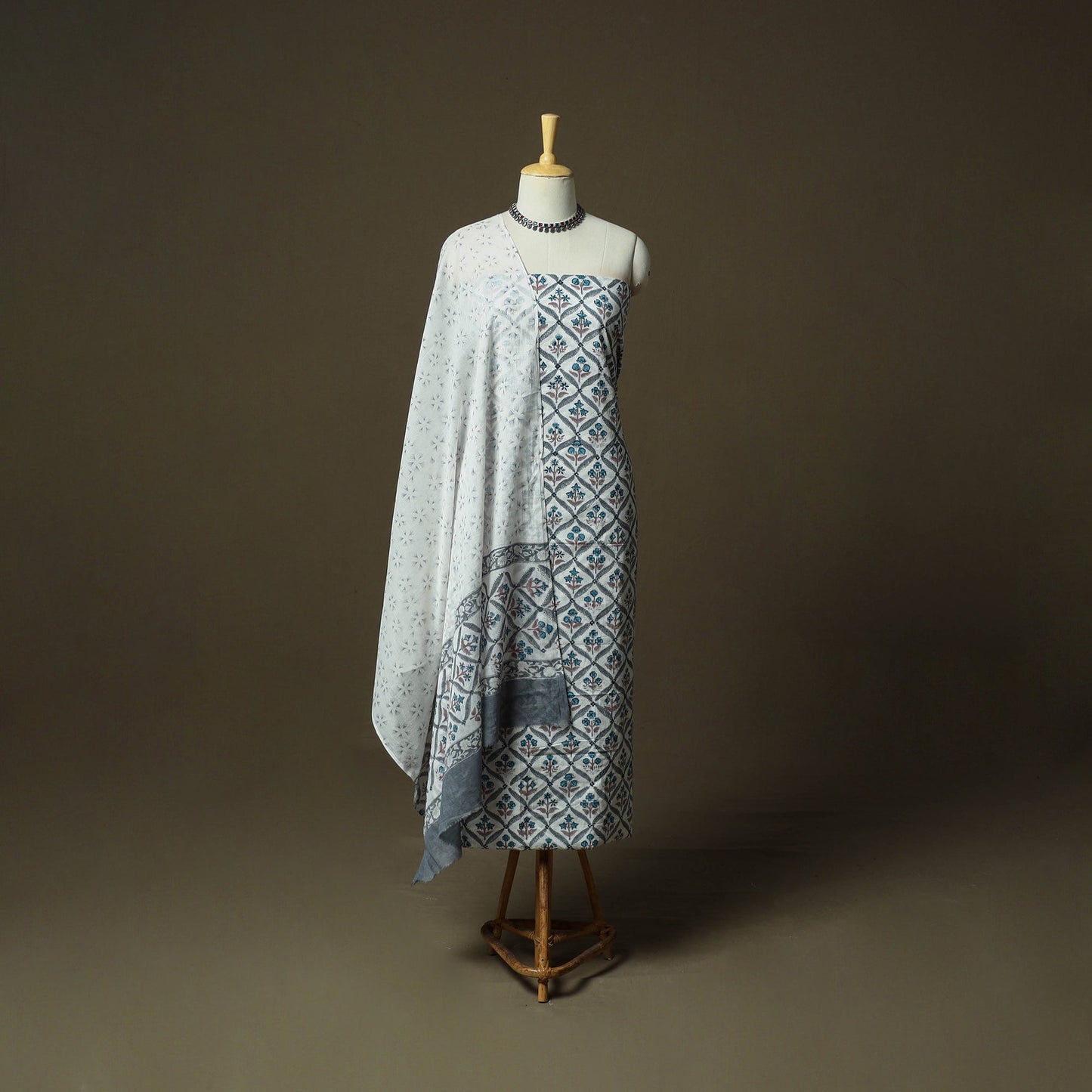 Hand block print cotton sanganeri 3pc unstitched dress
