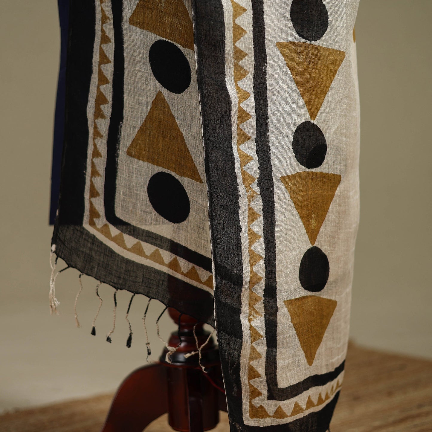 Hand natural dyed linen dupatta with tassels 09