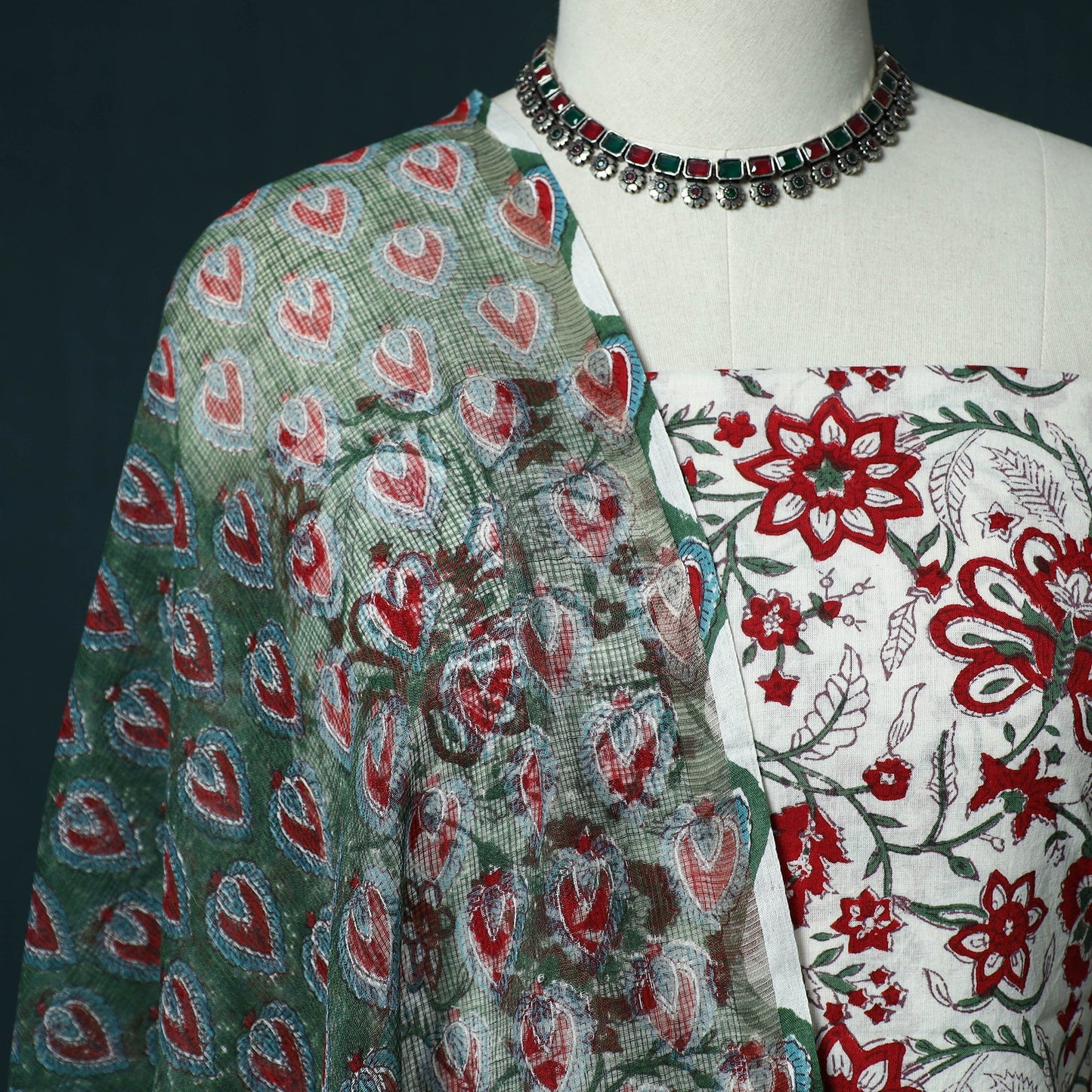 Hand block print sanganeri cotton 3pc unstitched dress