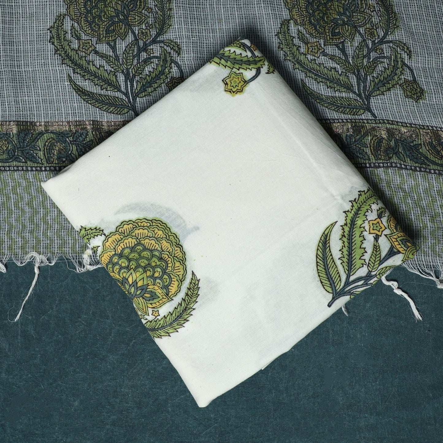 Hand block print sanganeri cotton 3pc unstitched dress