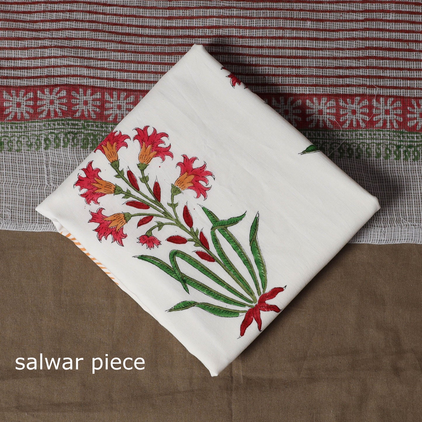 Hand block print sanganeri cotton 3pc unstitched dress