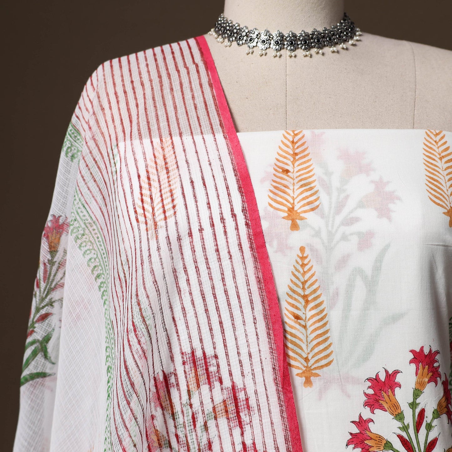 Hand block print sanganeri cotton 3pc unstitched dress