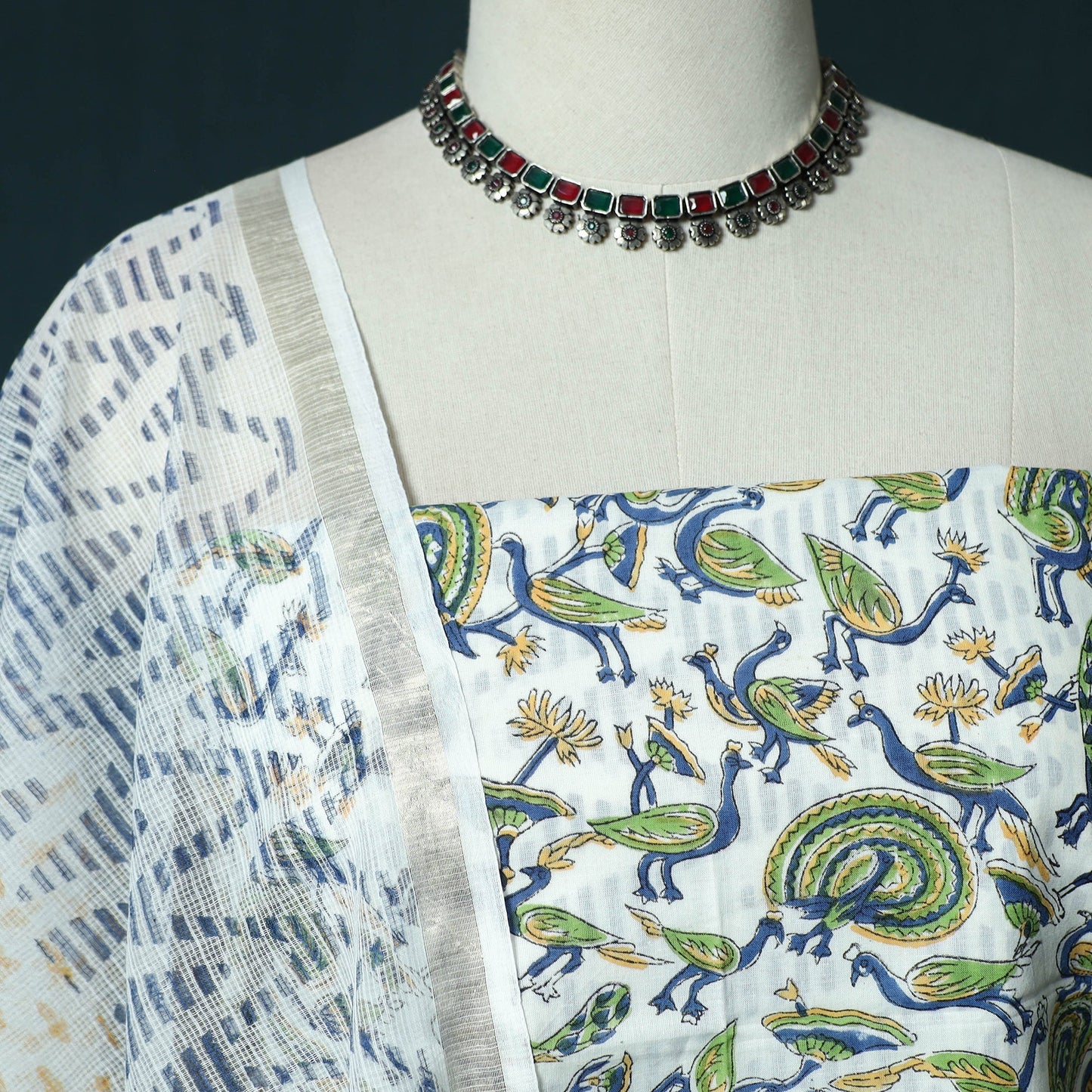 Hand block print sanganeri cotton 3pc unstitched dress