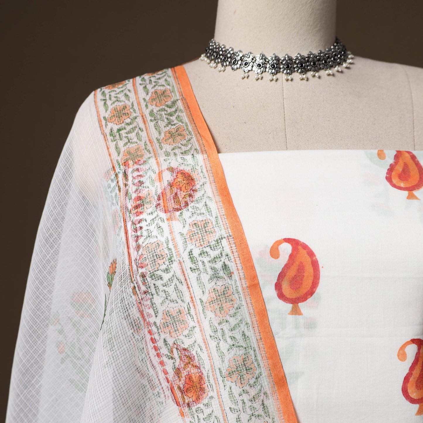 Hand block print sanganeri cotton 3pc unstitched dress