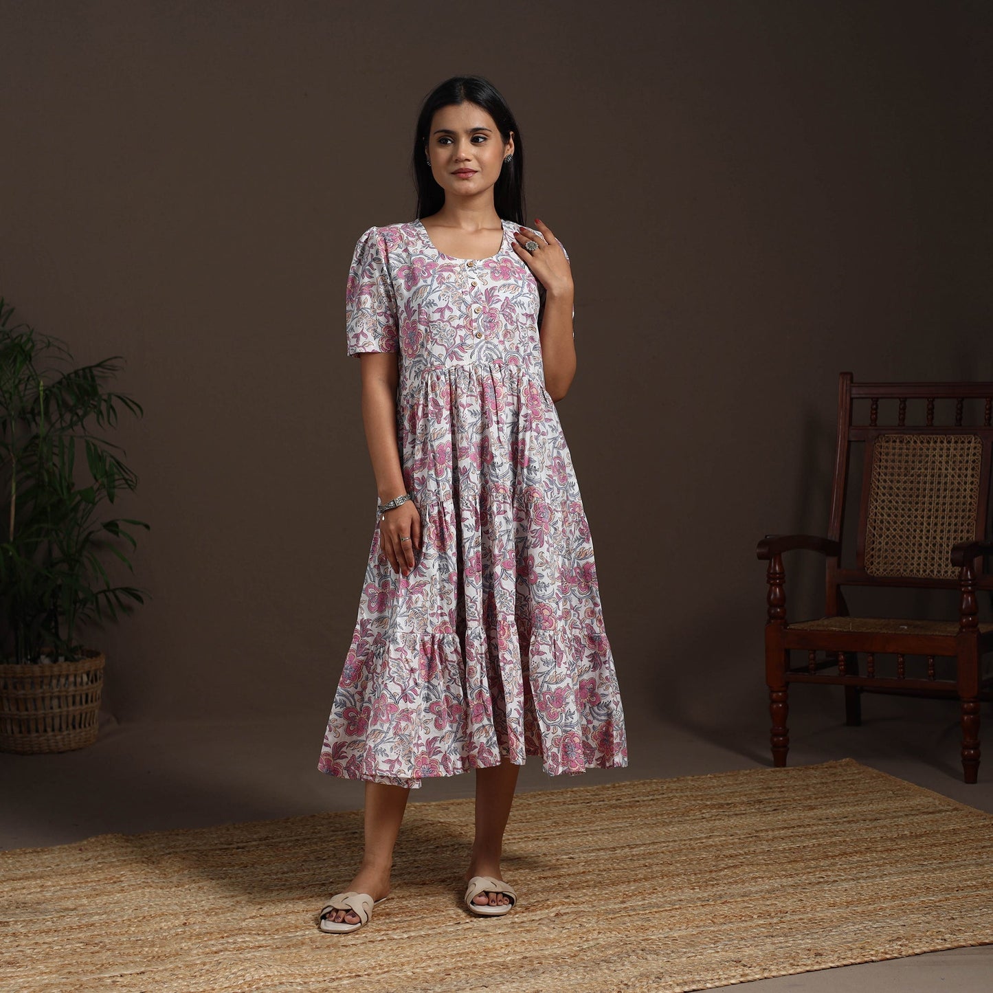 White - hand tiered sanganeri dress 02 - handcrafted