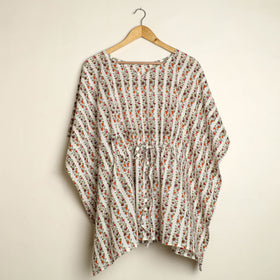 White - hand printed cotton kaftan & pyjama night suit set