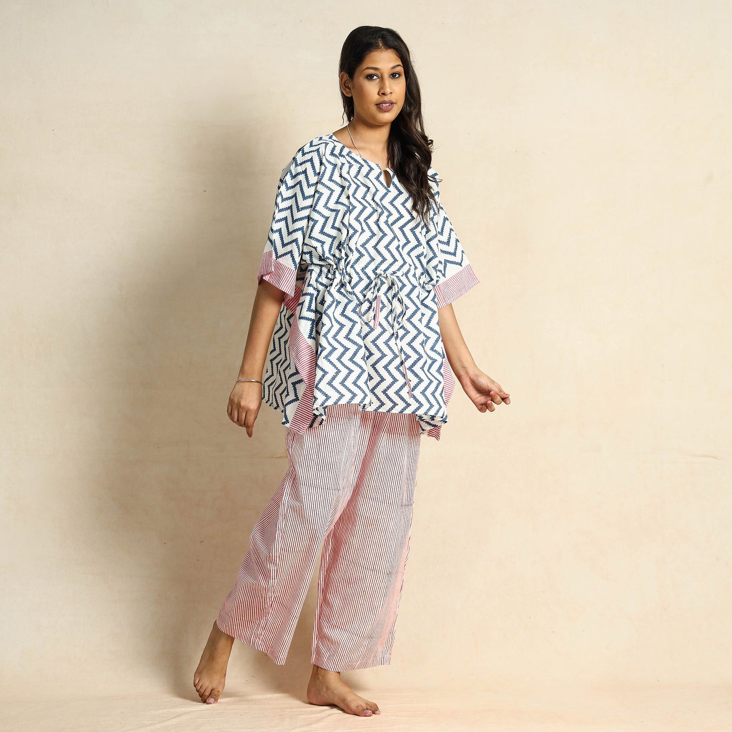 White - Hand Block Printed Cotton Kaftan & Pyjama Night Suit Set