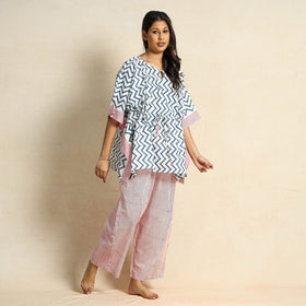 White - Hand Block Printed Cotton Kaftan & Pyjama Night Suit Set