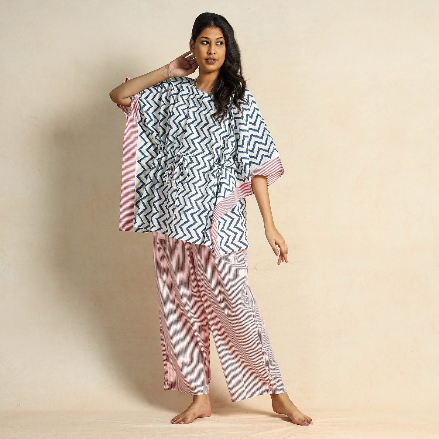 White - Hand Block Printed Cotton Kaftan & Pyjama Night Suit Set