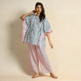 White - Hand Block Printed Cotton Kaftan & Pyjama Night Suit Set