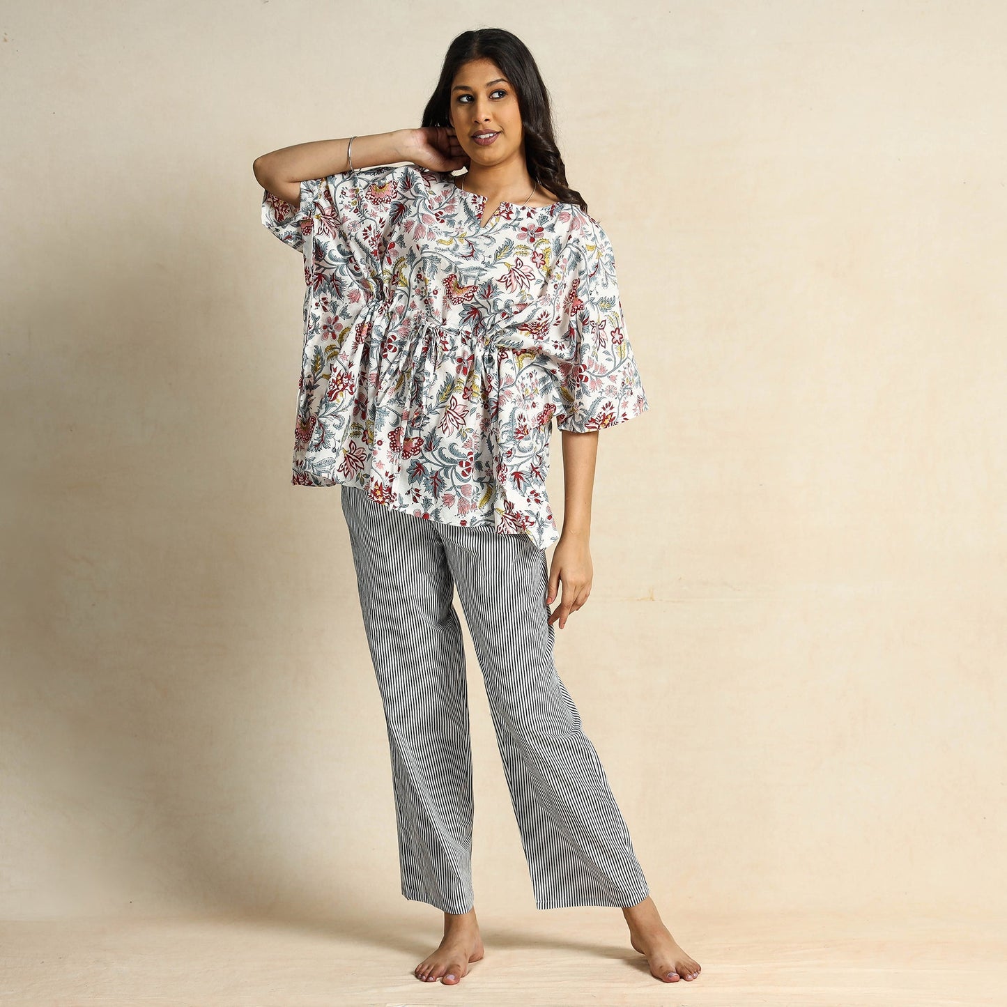 Hand Block Printed Cotton Kaftan & Pyjama Night Suit Set 