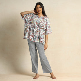  Hand Block Printed Cotton Kaftan & Pyjama Night Suit Set 