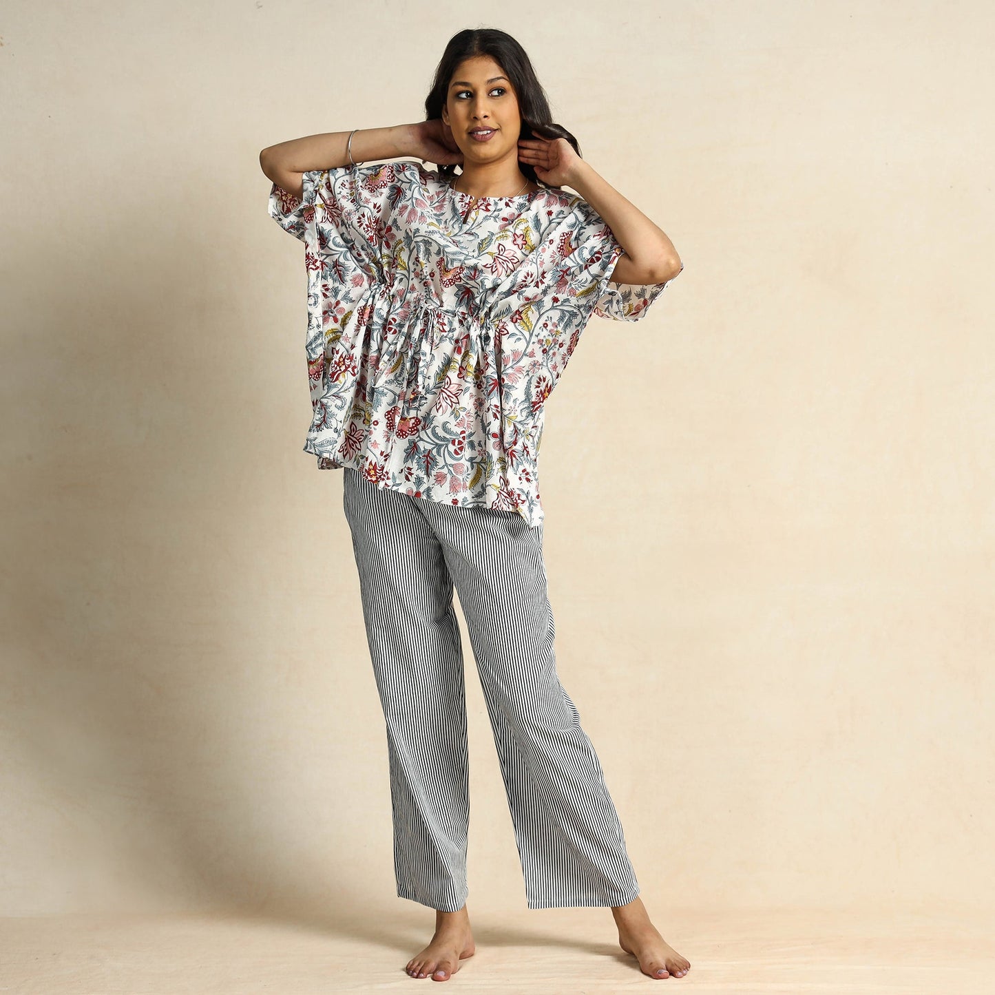  Hand Block Printed Cotton Kaftan & Pyjama Night Suit Set 
