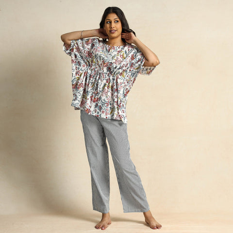  Hand Block Printed Cotton Kaftan & Pyjama Night Suit Set 