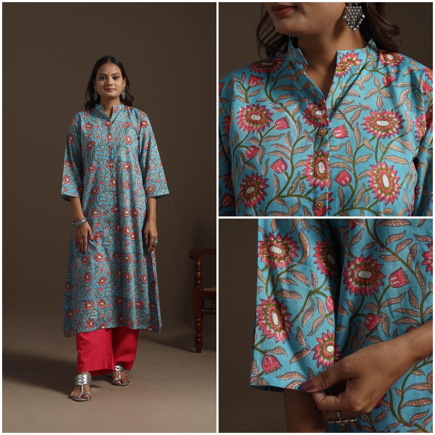 Hand cotton a-line sanganeri kurta for women 01