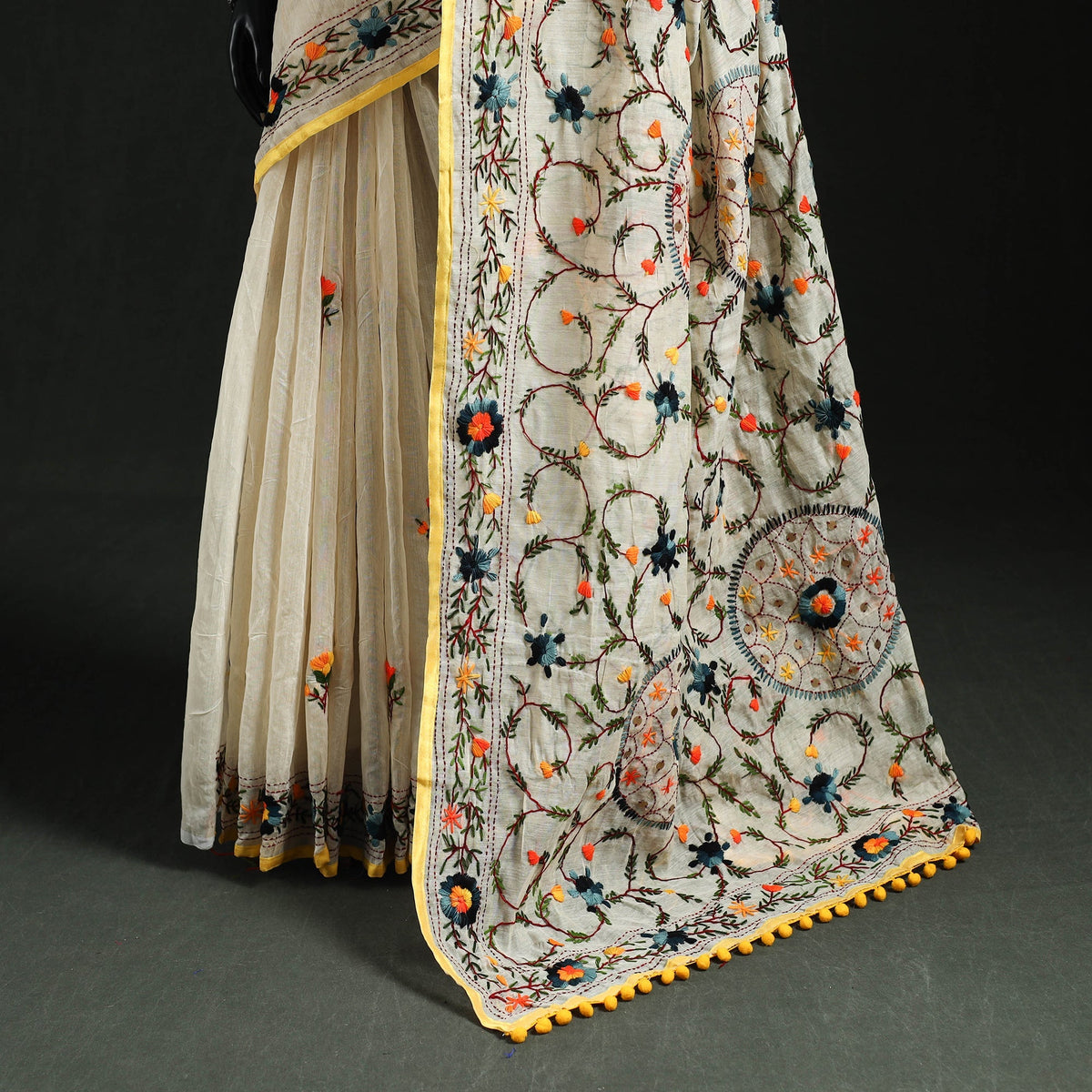 Hand embroidered chanderi silk chapa work phulkari saree 14