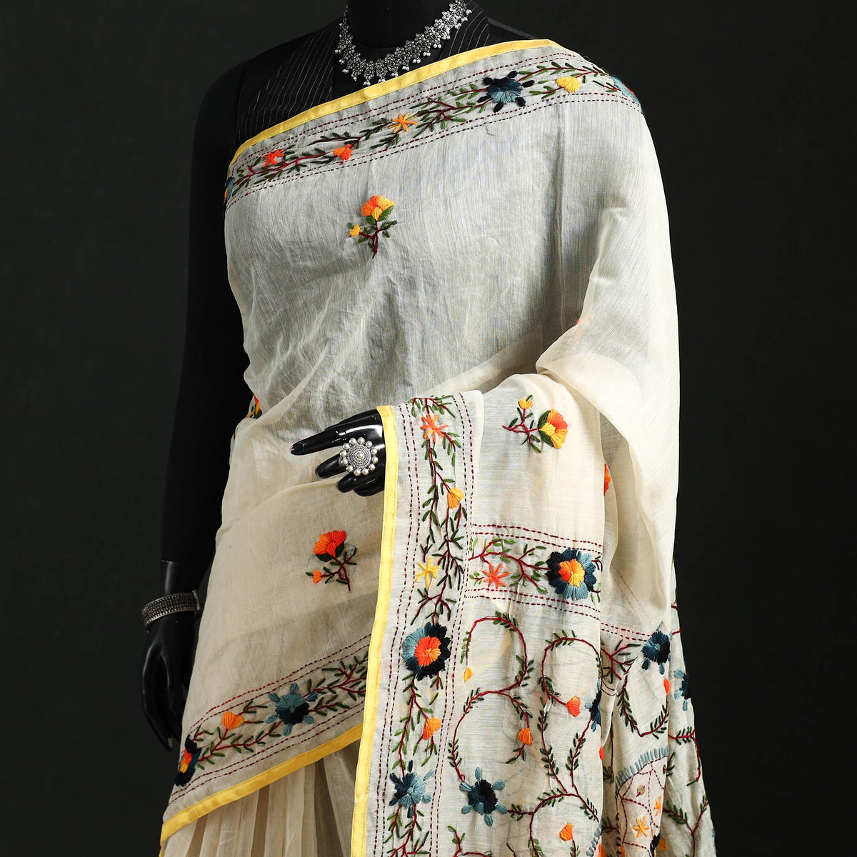 Hand embroidered chanderi silk chapa work phulkari saree 14